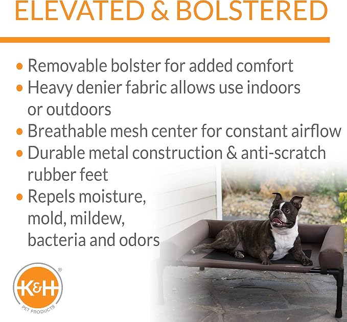 K&H Pet Products Bolster Dog Cot Cooling Indoor/Outdoor Elevated Dog Bed Hammock with Removable Bolster, Washable Mesh Cover, Raised Camping Bed for Medium Pets - Chocolate Medium 32" X 25"