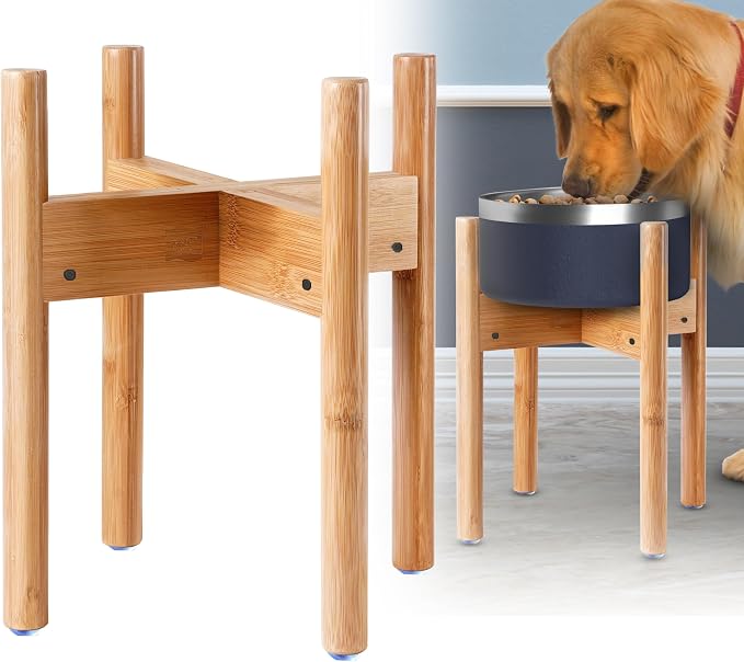 Dog Bowl Stand for Mid-Large Dogs - Adjustable, Easy Fold-Down | Use to Elevate Raise Dog Food, Water and Slow Feeder Bowls, Lock-Bolts and Tool Added, Foot-Padded, Bamboo Stand Only