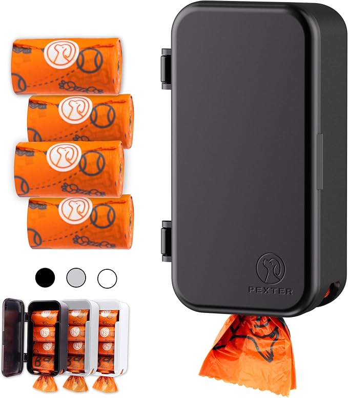 Pexter Dog Poop Bag Dispenser - Outdoor or Indoor Pet Waste Bag Dispenser Station - Stick-On or Screw-On Wall Mount - Poop Bags Storage Outdoor Container - Includes 4 Doggie Bag Rolls (Black)