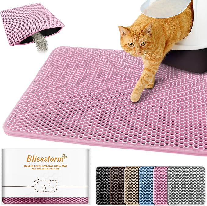 Cat Litter Mat 18"x24",Double Layer EVA litterbox Mat, Pink | Waterproof honeycomb large grid, urine-proof and odor-free. Traps litter, easy cleanup,Washable, non-slip backing