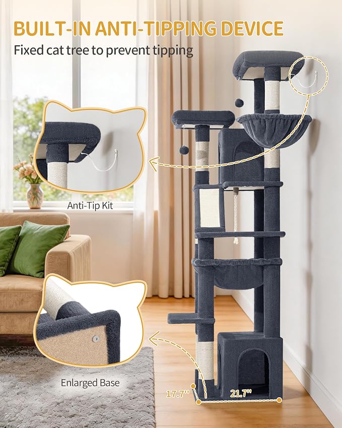 Hzuaneri Large Cat Tree, 72 Inch Tall Multi-Level Cat Tower for Indoor Cats | Cat Condo Furniture with 6 with Sisal Scratching Posts, 2 Large Platforms, 2 Cats House, Hanging Basket, Dark Gray MS18318SG
