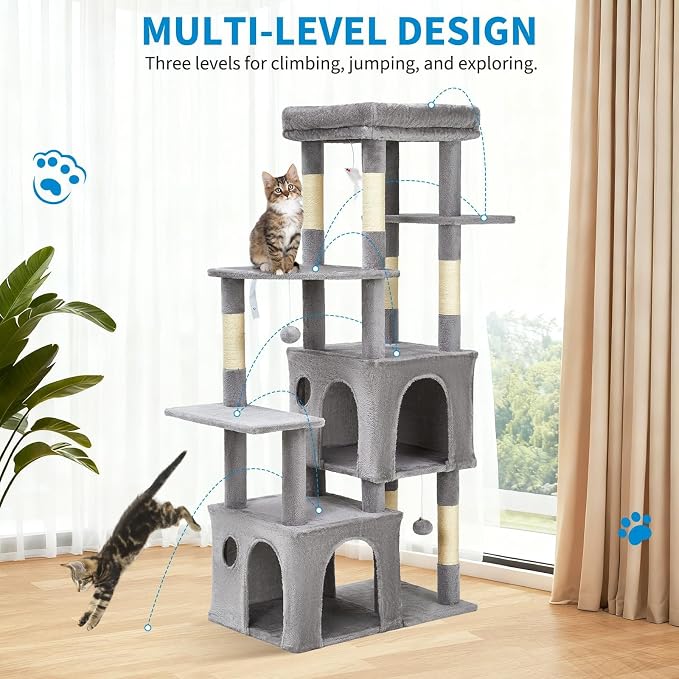 61" Large Cat Tree Tower for Indoor Cats, Heavy-Duty Multi-Level Cat Condo for Maine Coon & Big Cats with Extra-Large Perch, 2 Spacious Houses, Sisal Scratching Posts & Hanging Toys - Light Gray