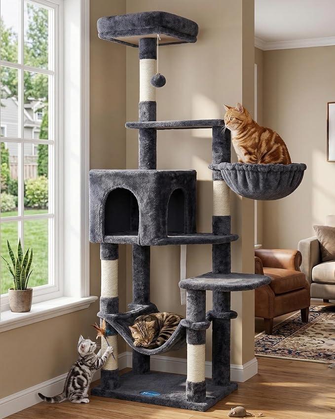 Hey-brother Cat Tree, Multi-Level Sisal Covered Scratching Posts, MPJ050G | 60.6 Inches Tower with Condo, Large Hammock, Top Perch, Toy Ball for Indoor Multi-Cats Households, Smoky Gray