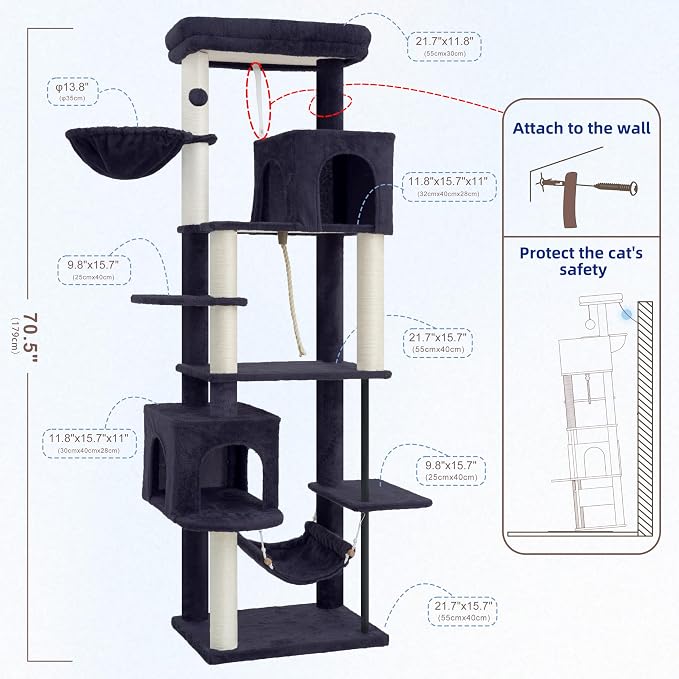 Cat Tree, Cat Tower with Sturdy Steel Tube, Large Perch GCT024G | 70.5'' Cat Furniture with Scratching Post, Hammock, Basket and Big Platform for Indoor Cats Large Adult, Drak Gray