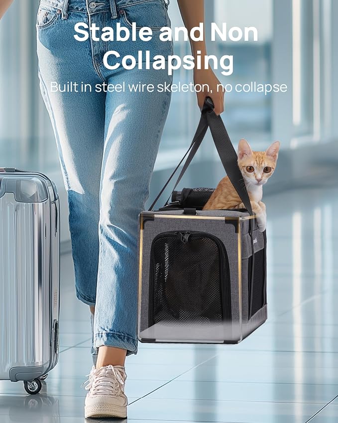 Pecute Airline Approved Cat Carrier, Pet Carrier Soft-Sided, Portable Dog Carrier with Stable Structure, TSA Approved Pet Carrier for Pets Less Than 12lbs, Cat Carrier Bag Suitable for Travel, Gray