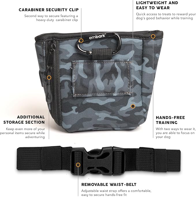 Embark Dog Treat Pouch - Waterproof Training Bag & Portable Water Bowl | Leakproof Treat Bag with Hook, Magnetic Closure, Extra Pocket for Phone & Keys with Poop Bag Outlet For Dogs - Black Camo