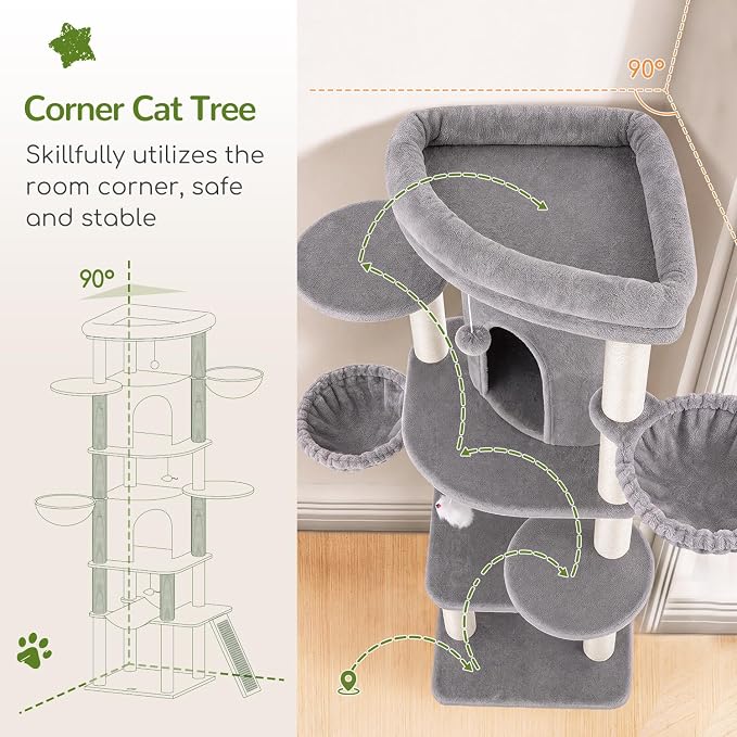 Globlazer 73in Corner Stable Cat Tree for Indoor Cats, C73, Light Grey | Space-Saving Multi-Level Climbing Tower, Large Fan-Shaped Condos & Top Perch, 8 Full-Sisal Posts & Board, Metal Baskets