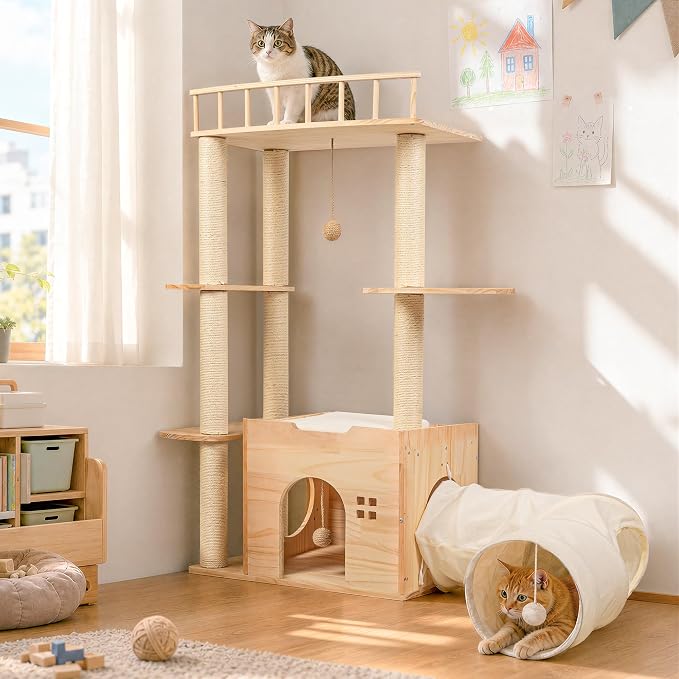 45 Inch Solid Wood Cat Tree, Modern Cat Tower for Indoor Cats, Cat Condo with Single Tunnel, Sisal Scratching Posts, High Perch Platform, Washable Cushion, Hanging Balls, Natural