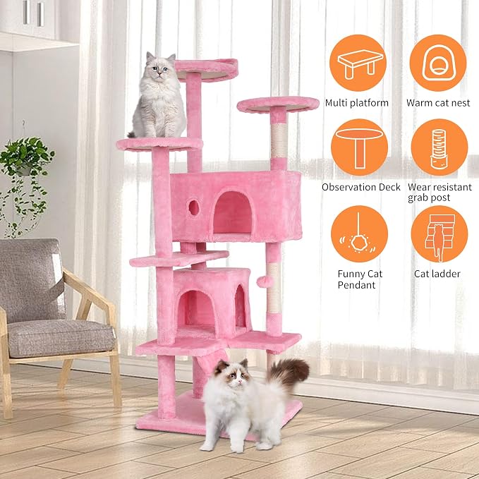 BestPet | 54" Cat Tree Tower | Pink | Sturdy Multi-Level Cat Tree | with Plush Condo, Cozy Perch, Sisal Scratching Posts, Hanging Toy and Hammock | Easy Assembly | for Kittens & Adult Cats