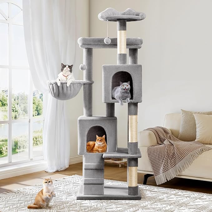 Allewie 64 Inches Multi-Level Cat Tree Tower for Indoor Cats, Grey | Activity Center for Big Felines, 2 Plush Condos, 2 Perches, Cozy Basket, House, Sisal Scratching Posts, Hanging Cat Toys