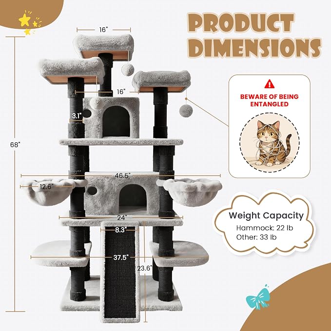 SHA CERLIN 68 Inches Multi-Level Large Cat Tree for Large Kitties/Big Cat Tower with Condo/Cozy Plush ‌Pussycat Perches/Sisal Scratching Posts and Hammocks/Activity Center/Black & Grey
