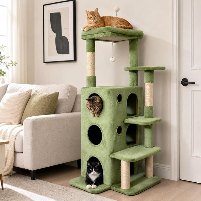 48" Cat Tree Tower for Indoor Cats, Multi-Level Cat House for Large Cats with 3 Cozy Cat Condos, Extra Large Top Perch, Sisal Scratching Posts & Climbing Steps, Green