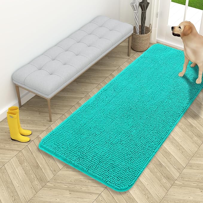OLANLY Dog Door Mat for Muddy Paws 54x24, Super Absorbent Chenille Mud Mat | Teal, Absorbs Moisture and Dirt, Non-Slip Machine Washable Doormat, Quick-Drying Indoor Entryway Floor Carpet for Dogs