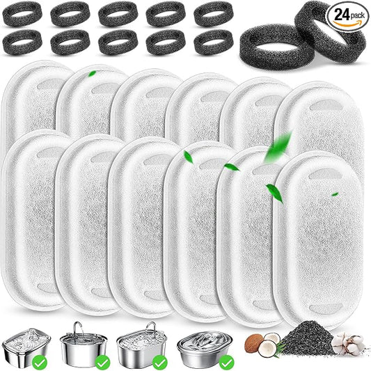 Cat Water Fountain Filter Replacement, 12 Pcs Cat Filters Pet Water Fountain Filter with 12 Pcs Sponges Foam for 67oz/2L & 108oz/3.2L Stainless Steel Automatic Cats Water Fountain Dispenser Filters