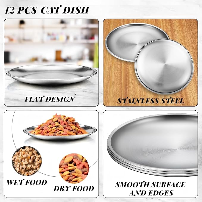 Domensi 12 Pieces Stainless Steel Cat Bowl Metal Pet Food Dish Beard Fatigue Relief Replacement Easy to Clean Indoor Wet Feeding Flat Plates for Dogs Kitten and Other Small Animals(6.7 Inch,Normal)
