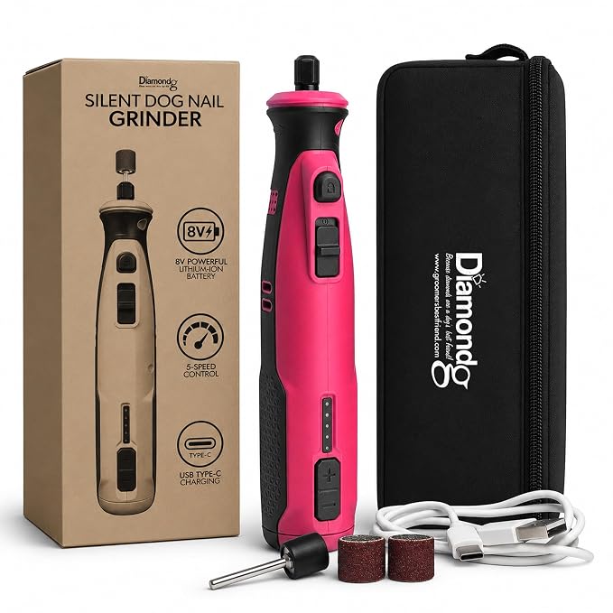 Diamondg Cordless Dog Nail Grinder - Quiet Sound with LED Light, Pink | 5-Speed Rechargeable Pet Nail Trimmer for Small & Large Dogs, USB-C Charging, 4hrs. Runtime, Painless Dog Nail Grinding Kit