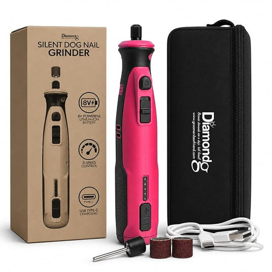Diamondg Cordless Dog Nail Grinder - Quiet Sound with LED Light, Pink | 5-Speed Rechargeable Pet Nail Trimmer for Small & Large Dogs, USB-C Charging, 4hrs. Runtime, Painless Dog Nail Grinding Kit
