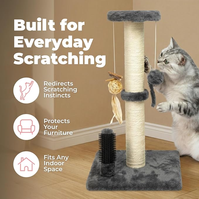Best Pet Supplies Catify Cat Scratcher, Fun Interactive Scratchers, Posts, Poles, Claw Safe, Furniture Saver Indoor Play Support Natural Cat Behaviors Heavy Duty - Gray Scratching Post - H: 33"