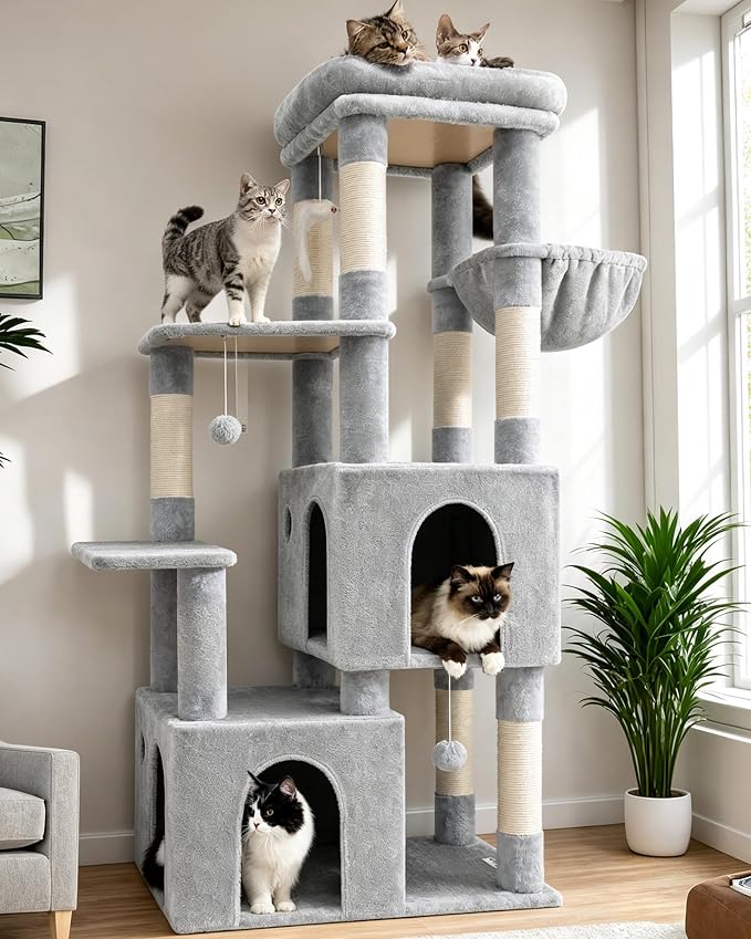 Globlazer Heavy Duty Cat Trees for Big Cats Maine Coon, F61, Cloud Grey | Cat Tower for Indoor Large Adult Cats with Scratching Post, Extra Large Top Perch, Cat Condos, 61inch