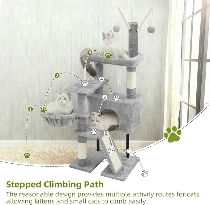 Cat Tree Tower for Indoor Cats, Top Platform with Toy, GCT006SW | 49.2 inch Cat Condo House, Sturdy Base, Scratching Post & Board, 3 Balls, Hanging Basket, Small Cats and Kittens, Light Gray