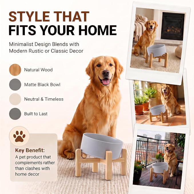 hjn Elevated Ceramic Dog Bowl 15°Slanted Raised Dog Bowl with Bamboo Stand for Small Medium Dogs and Cats, Pet Feeder -7.6-Cup (1800ml)-Gray