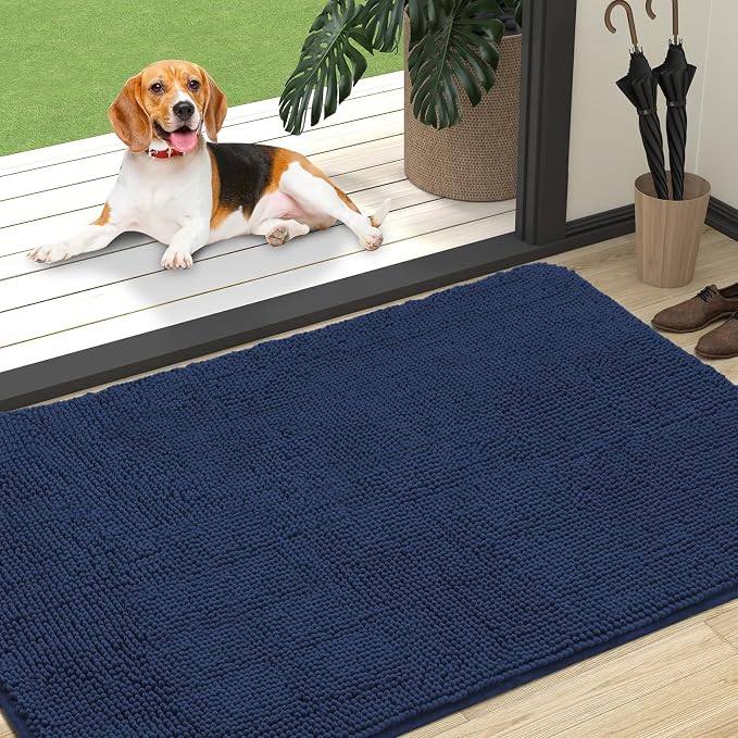 OLANLY Dog Door Mat for Muddy Paws 47x32, Super Absorbent Chenille Mud Mat | Dark Blue, Absorbs Moisture and Dirt, Non-Slip Machine Washable Doormat, Quick-Drying Indoor Entryway Floor Carpet for Dogs