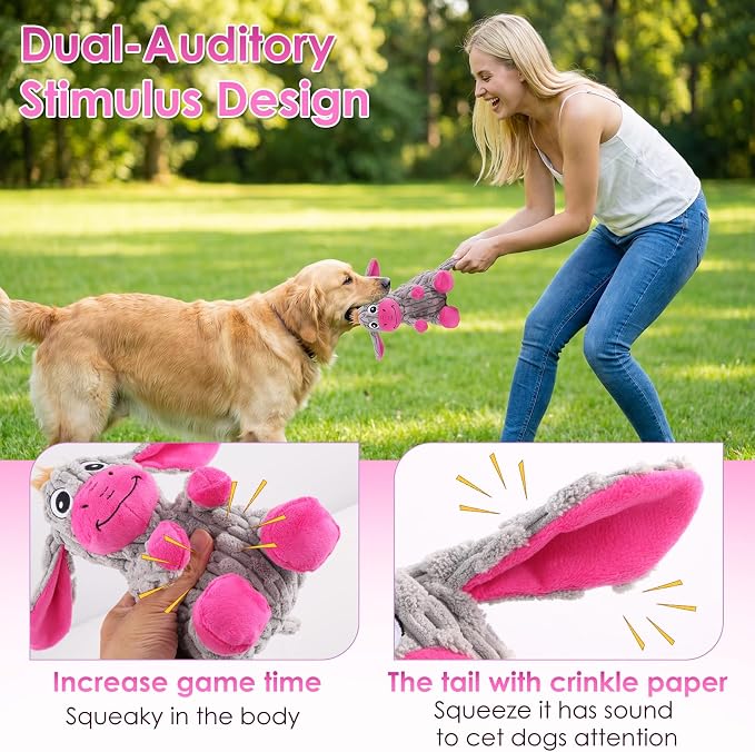 Squeaky Plush Dog Toy, Crinkle Ears Interactive Dog Chew Toy for Small Medium Dogs, Durable Corduroy Stuffed Animal Dog Toys for Puppy Teething, Boredom Relief & Indoor Fetch Play
