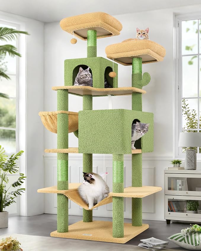 Globlazer Extra Tall Cat Tree Tower for Indoor Cats, 76in, F76, Cactus | Multi-Level Cat Furniture with Cozy Condos,Hammock and Perches for Large Adult Cats, Perfect for Climbing, Scratching