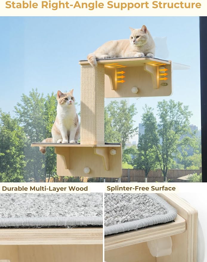 Pecute Double Cat Shelves with Scratching Post for Wall & Window | Solid Wood Frame, Strong Suction Cups, Washable Cover Mat, Cats Perch Bed for Birds Watching Inside, Indoor Cat Hammock Bed