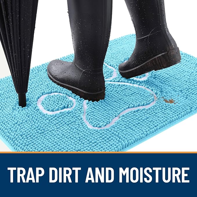 OLANLY Dog Door Mat for Muddy Paws 40x32, Paw Print Design Chenille Mud Mat | Blue, Super Absorbent, Traps Moisture and Dirt, Non-Slip Washable Doormat, Quick-Drying Indoor Entryway Floor Carpet for Dogs