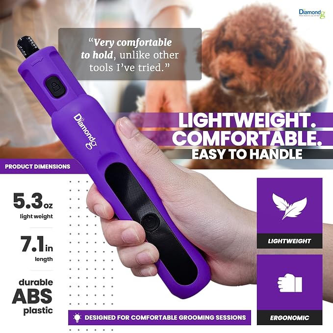 Diamondg Micro Dog Nail Grinder - Quiet Sound with LED Light, Purple | 5-Speed Rechargeable Pet Nail Trimmer for Small & Large Dogs, LCD Display, USB-C Charging, 4hrs. Runtime Rotary Tool
