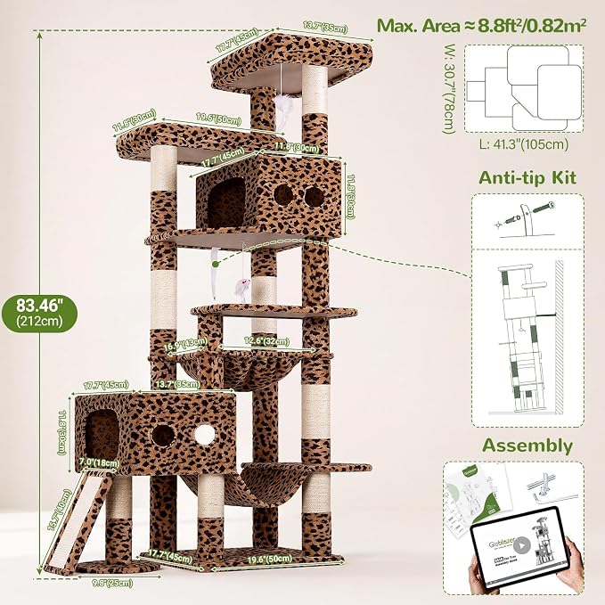 Globlazer 83inch Sturdy Multi-Level Tall Cat Tower, S83G, Leopard Print | Extra Large Heavy Duty Cat Tree for Indoor Large Adult Cats Kittens with 2 Cat Condo, 8 Scratching Post, 2 Hammock