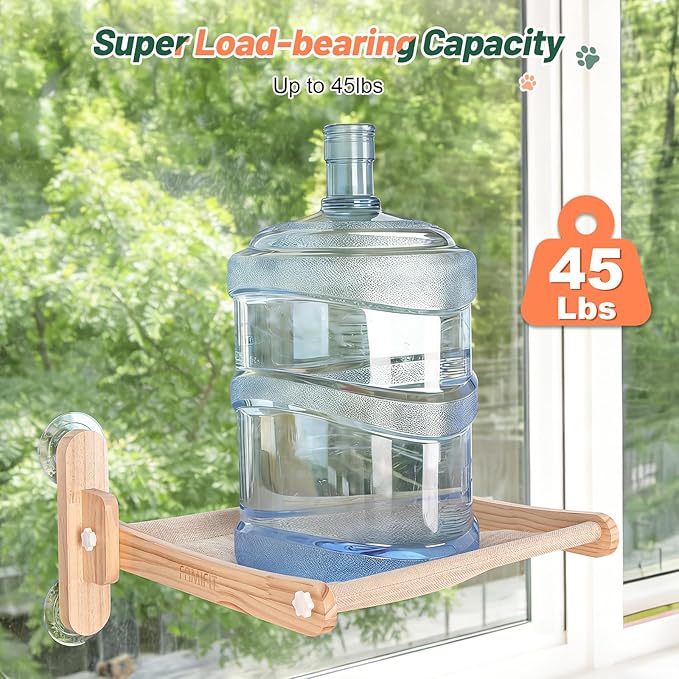 Cat Window Perch, 100% Natural Pine Foldable Cat Window Seat, Cordless Safety Design with 50LBS Weight Capacity, No Drilling Easy Installation for Indoor Cats & Home Decor