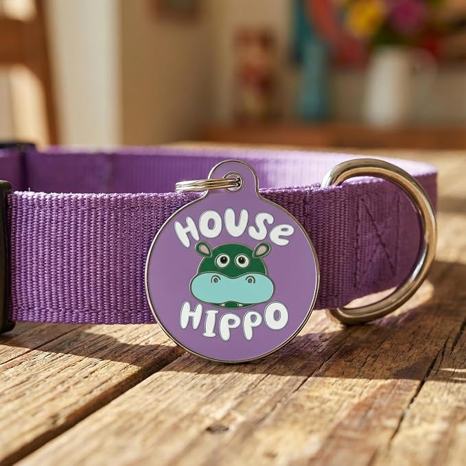 Bad Tags Personalized Dog and Cat ID Tags in 25+ Designs and 2 Sizes - 5 Lines of Custom Engraved Text - Funny Cute Personalized Pet Tags (House Hippo - Purple, Large (1.25 inch))