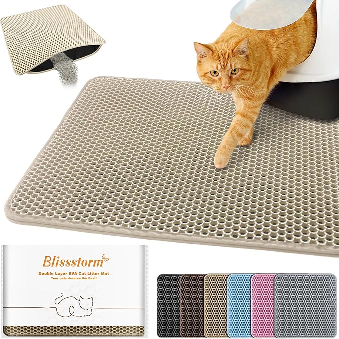 Cat Litter Mat 27"x46",Double Layer EVA litterbox Mat, Khaki | Waterproof honeycomb large grid, urine-proof and odor-free. Traps litter, easy cleanup,Washable, non-slip backing