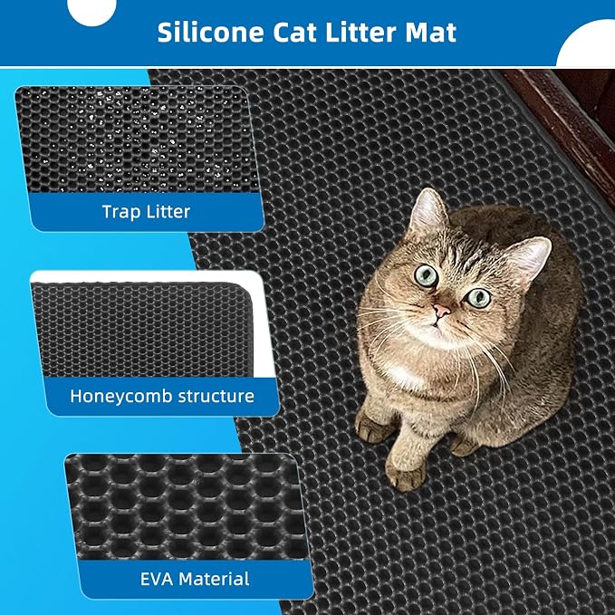 Cat Litter Mat for Indoor Cats Eva Double-Layer Litter Box Mat Washable for Easy Cleaning Cat Rug Collects Litter and Prevents Liquid Leakage (Black, 23.6×15.7inch)