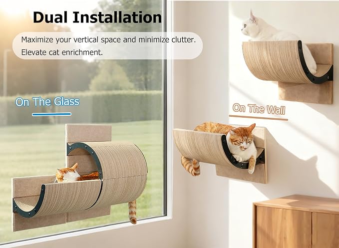Cat Window Perch with Scratching Bed,Versatile Climbing Shelves Mounted by Strong Suction Cups, Solid Metal Frame and Anti-Slip Felt for Hide,Nap and Sunbath, Glass Protection Design(Oatmeal)