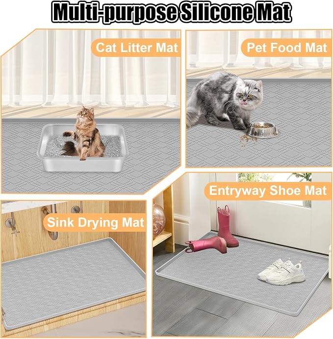 Silicone Cat Litter Mat 42" x 29" Cat Mat for Litter Box, Light Grey | Extra Large Cat Litter Trapping Mat for Floor, Waterproof, Non-Slip Kitty Litter Box Mat with Raised Edge, Easy to Clean