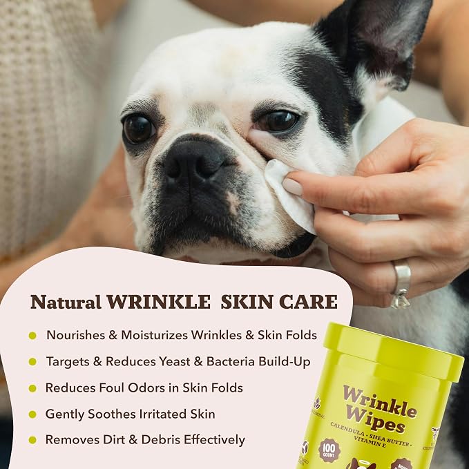 Natural Dog Company Wrinkle Wipes for Dogs, 100 Count, Hypoallergenic, Cleaning & Deodorizing, for Grooming Faces, Paws & Butts