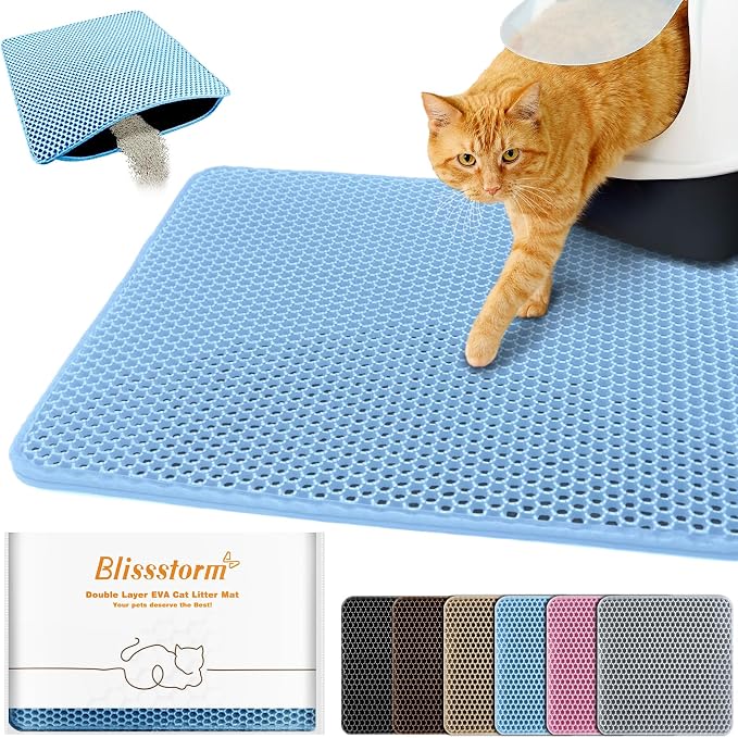 Cat Litter Mat 12"x18",Double Layer EVA litterbox Mat, Blue | Waterproof honeycomb large grid, urine-proof and odor-free. Traps litter, easy cleanup,Washable, non-slip backing