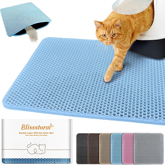 Cat Litter Mat 22"x30",Double Layer EVA litterbox Mat, Blue | Waterproof honeycomb large grid, urine-proof and odor-free. Traps litter, easy cleanup,Washable, non-slip backing