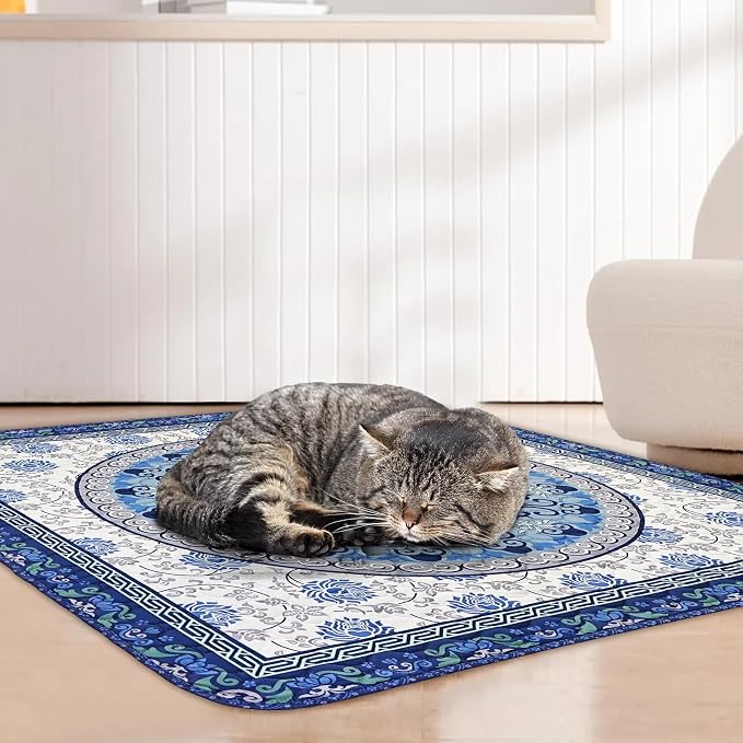 Cat Litter Mat, Reusable Kitty Litter Trapping Mat 2 PCs, 41"x36" Washable Litter Mats for Cats, Waterproof & Non-Slip Compatible with Cat Box (Indigo Blue Medallion, 41"x36"(2 PCS))