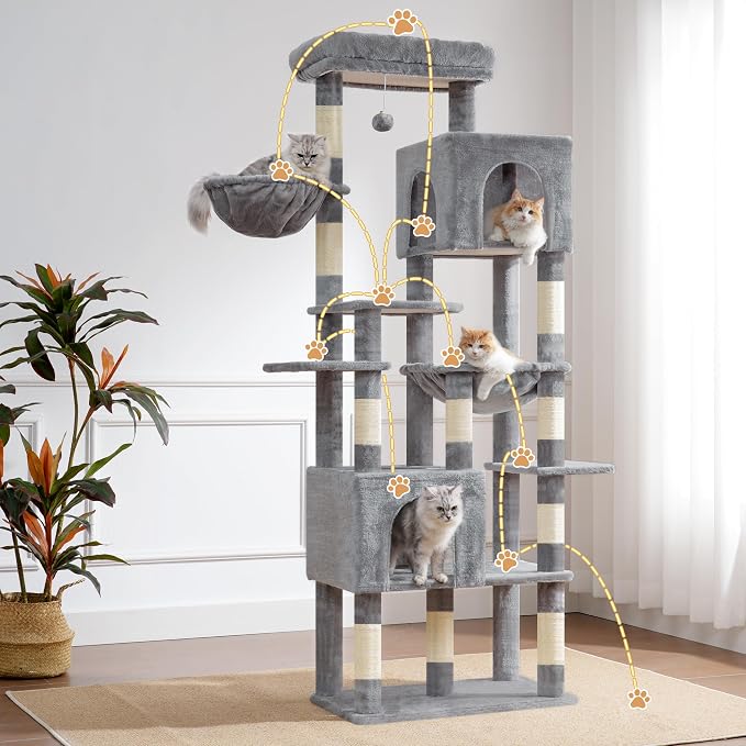 Heybly Cat Tree, 76-Inch Tall Heavy Duty Cat Tower for Big Cats HCT039W | Multi-Level Large Cat Furniture with Extra Wide Baseboard, 2 Condos & 2 Hammocks, 10 Scratching Posts, Light Gray