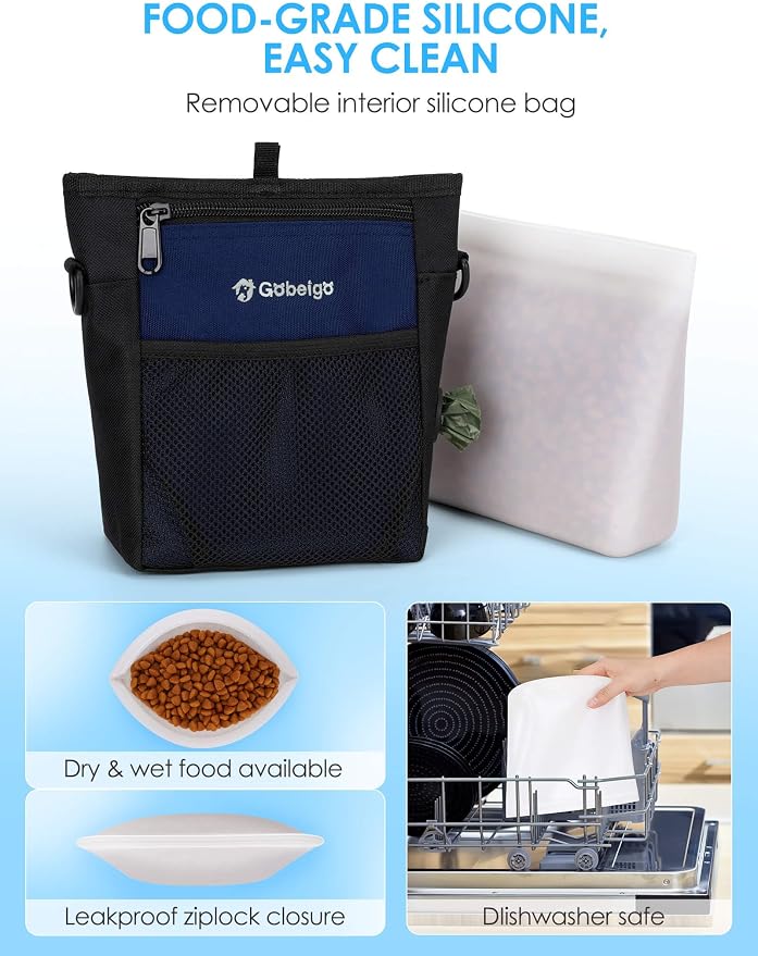 4 Cup Dog Treat Pouch with Silicone Insert Bag& Clicker(Navy Blue) | 2 Pair Magnetic Closures, Belt Clip/Waist Belt/Crossbody Wear, Zipper Pocket Poop Bag Holder for Pet Training/Daily Walking