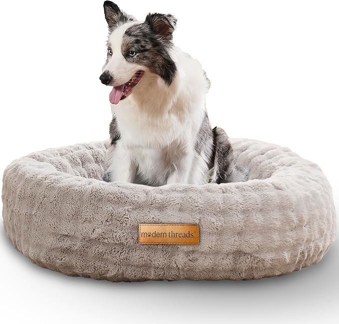 Modern Threads Calming Donut Dog Bed for Medium Dogs, Plush Round Faux Fur Pet Bed with Raised Bolster, Soft Washable Dog Bed, 30x30x9, Gray