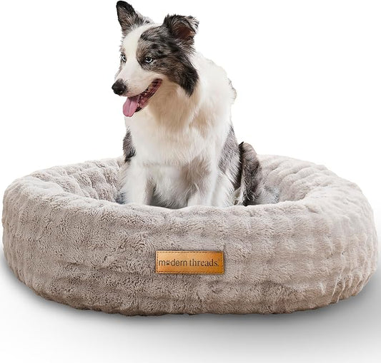 Modern Threads Calming Donut Dog Bed for Medium Dogs, Plush Round Faux Fur Pet Bed with Raised Bolster, Soft Washable Dog Bed, 30x30x9, Gray