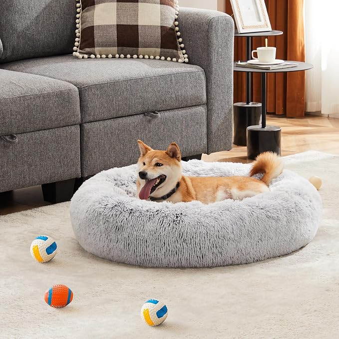 DUMOS Donut Dog Beds for Large Dogs, 37.4x37.4 Inch Machine Washable Cuddler Warming Cozy Fluffy Faux Fur Plush Round Pet Bed, Anti-Slip Bed for Indoor Dogs and Cats, Grey