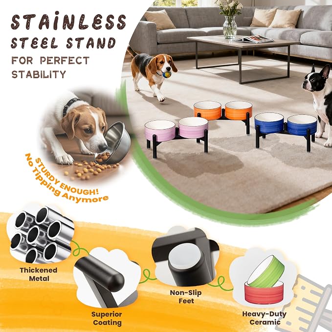 Ceramic Elevated Dog Bowl Set, 6.1''Raised Dog Food and Water Bowl Set with Non-Slip Stainless Steel Stand, Double Raised Dish for Small and Medium Breed, 3.5 Cups / 22 Fl Oz, Red