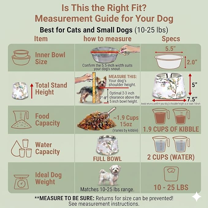 Ceramic Dog Bowl 5 inch Height for Cats and (10-25lbs) Small and Toy size Dogs includes Food-Grade 304 Stainless Steel Bowls Non-Slip 2 Cups(540ml) Bowl Feeder in an Artful and Design (White)
