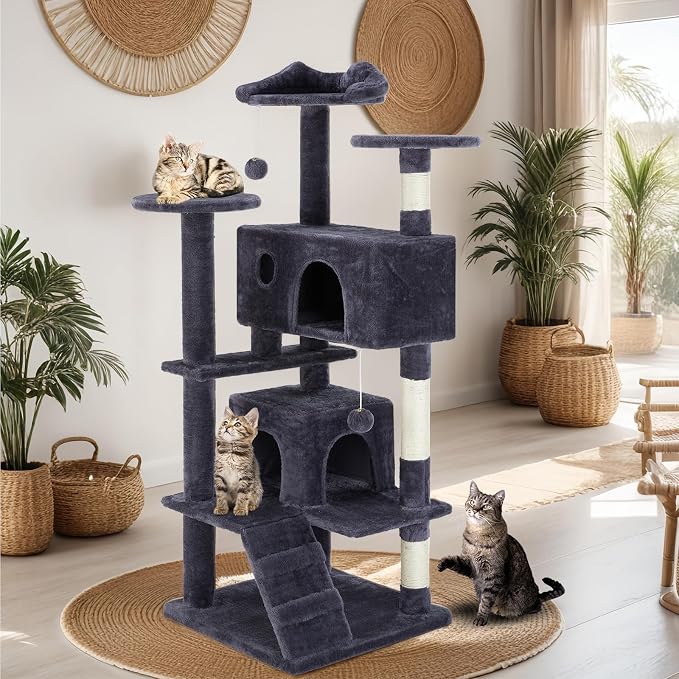 Sweetcrispy 54 Inch Cat Tree Tower with Scratching Post, Indoor Use | Multi-Level Cat Tower with Condo with Climbing Ladder, Plush Toy, Play House for Kittens, Dark Grey